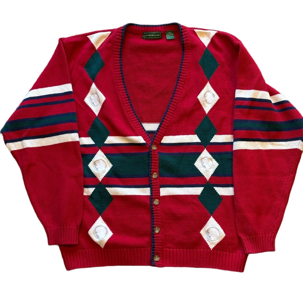 Vintage Clubfellow Argyle Cardigan Sweater XXL Red Green Cotton